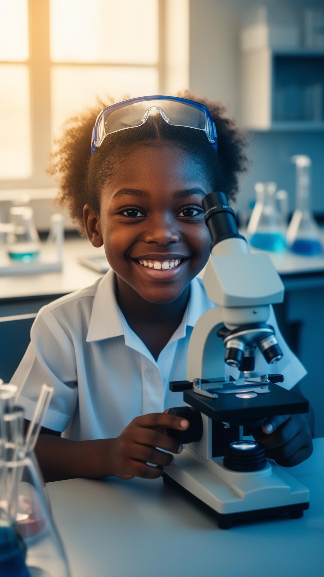 A young girl smiling through a microscope in a science lab