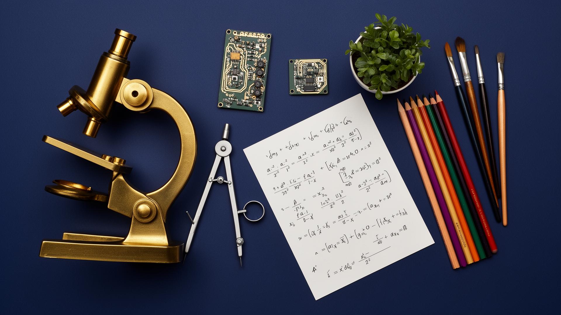 STEAM learning objects arranged on a navy background